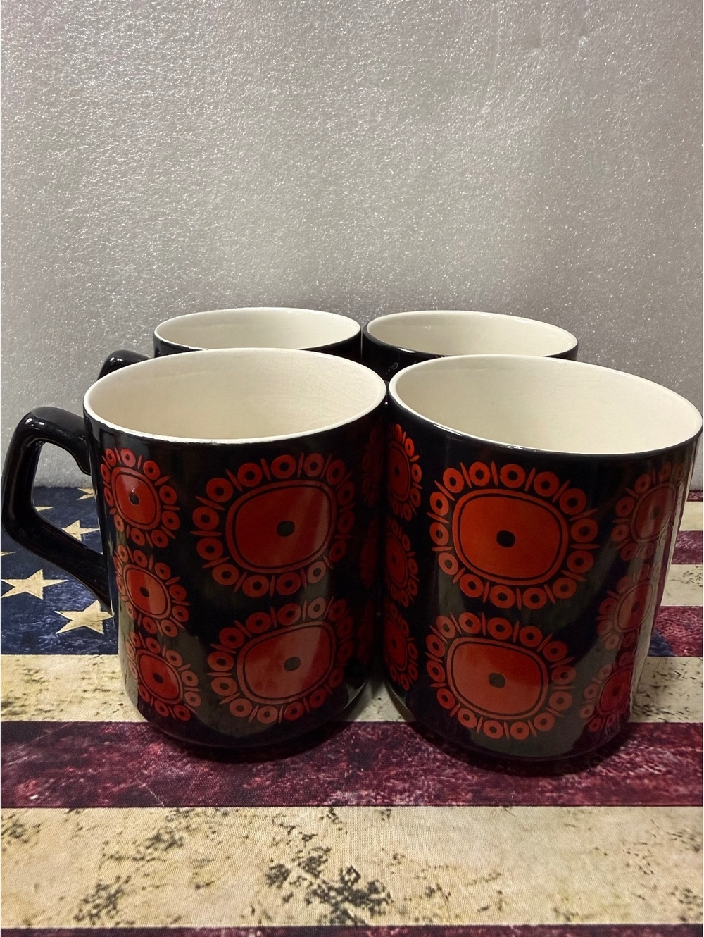 Vintage C&E England Set 4 Mugs Action Lideco Red Black Mod MCM 1970s